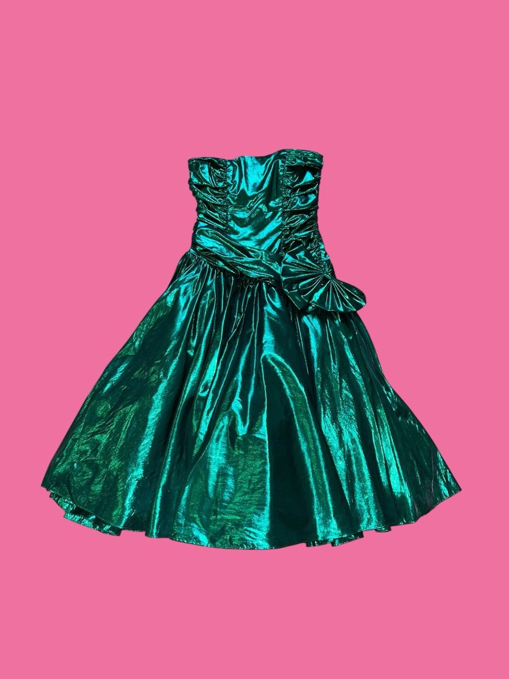 Vtg 80s Zum Zum Metallic Lamé Green Strapless Dress Asymmetric Drop Bow 9/10